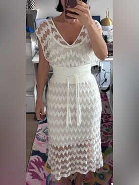 White Crevron pattern Crochet Midi Dress with Braided Waist wTie
